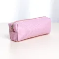 Pink and white striped pencil case, portable makeup pouch with smooth zipper closure. - Red Pleated Small Cosmetic Bag