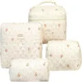 Quilted floral cosmetic bag set of four pieces, portable travel makeup pouch and toiletry organizer. - Blue Dot Makeup Bag