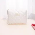 White quilted makeup bag with black polka dots, large capacity portable cosmetic pouch zipper storage. - M / Brown and White Polka Dot