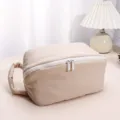 Minimalist solid color puffy makeup bag with large capacity, waterproof cosmetic storage pouch. - Beige