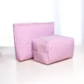 Pink striped cosmetic bag set detail view, portable travel storage pouch with zipper. - Red Pleated Large and Medium Cosmetic Bag Set