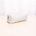 White quilted makeup bag with black polka dots, portable zipper storage pouch for daily use. - S / Brown and White Polka Dot
