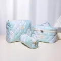 Quilted cosmetic bag set blue plaid floral makeup storage pouch portable travel organizer case - Three-Piece Set Large Medium Small / Blue Plaid Floral Quilted Makeup Storage Bag
