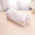 Quilted cosmetic bag with cute pink bow print, portable zipper storage for travel. - Long Pink Bow Floral Styling Handbag