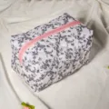 Quilted soft floral makeup bag, portable travel cosmetic pouch with zipper closure. - Quilted French Black Floral Red Bag