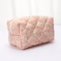 Pink floral quilted makeup bag, large capacity travel portable padded zipper storage pouch. - Quilted Pink Floral Square Bag