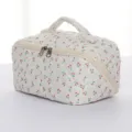 Quilted cherry print cosmetic bag with handle and zipper, soft padded toiletry storage bag. - Little Cherry