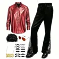 Détails costume disco homme chemise brillante rouge, pantalon évasé, perruque et accessoires. - Rouge