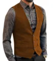 Men's brown herringbone tweed suit vest vintage business casual single-breasted waistcoat top - Orange