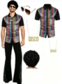 Costume disco homme an 70 ensemble chemise sequin multicolore pantalon perruque. - S / Haut et Bas / Manche Noire Arc-en-ciel Avec Accessoires / Arc-en-ciel