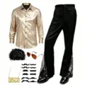 Men's 1970s disco costume set featuring gold shirt, black flared pants, wig, and accessories. - S / Gold