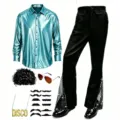 Ensemble costume disco homme avec chemise bleu métallisé, pantalon patte d'eph et accessoires. - Bleu