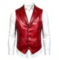 Gilet in pelle rossa da uomo affari casual risvolto monopetto elegante capo spalla - Taglia M / Rosso