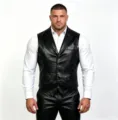 Gilet in pelle nera da uomo gilet da abito con scollo a V casual elegante capospalla. - Taglia M / Nero
