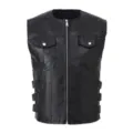 Gilet da moto in ecopelle nera da uomo con tasche con zip e fibbie laterali. - Taglia S / Nero