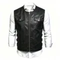 Dettaglio gilet in ecopelle nera, chiusura con zip frontale, doppie tasche, capo casual. - Taglia S / Nero