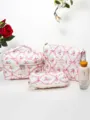 Set di borse cosmetiche trapuntate con stampa floreale a nastro, custodia morbida per trucco dettaglio. - Borsa per Trucchi Trapuntata Floreale Farfalla Rossa Set