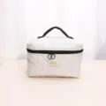 White quilted cosmetic bag with black polka dots, portable handle and secure zip closure. - L / Classic Black White Polka Dot