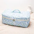 Quilted floral cosmetic bag detail, portable storage case with handle for hair tools and makeup. - Blue Round Flower Multifunctional Hair Care Makeup Storage
