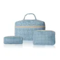 Blue tweed makeup bag set 3-piece portable travel cosmetic pouch with handle storage - Medium / Blue