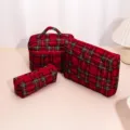 Red plaid quilted cosmetic bag portable travel makeup pouch set multi-functional storage organizer - Lipstick Bag 13x9x1.2cm / Plaid