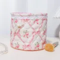 Quilted fabric storage basket with pink rose floral pattern, cute bow and white lace trim for desk - 18x15 / Butterfly Loves Red Flower [Lace Quilted Cylindrical Storage Basket]