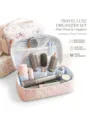 Quilted travel organizer set pink floral cosmetic bag with brush slots and mesh pockets - Red Plaid Floral Multifunctional Hair Care Makeup Storage