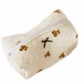 Beige seersucker makeup bag with cute bear pattern and bow, portable travel cosmetic pouch. - Black Dot Bear