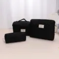 Black quilted cosmetic bag set 3 pieces travel makeup pouch portable toiletry organizer - Small Size 20x7x7cm / Pure Black