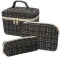 Black gold tweed cosmetic bag set 3 pieces portable travel makeup organizer storage pouches. - Medium / Black