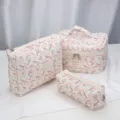 Quilted floral makeup bag set, portable travel cosmetic organizer pouch for women. - Three-Piece Set / Peach Blossom Print Cosmetic Bag Set
