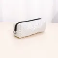 White quilted makeup bag pencil case with black polka dots zipper closure detail view - S / Classic Black White Polka Dot