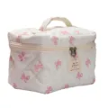Quilted bow cosmetic bag with handle, sweet portable makeup pouch for daily travel storage. - Pink and White Bow Quilted Handheld Cosmetic Bag