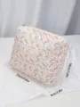Quilted cosmetic bag floral large capacity portable travel makeup storage pouch with zipper. - Peach Blossom Floral Cosmetic Bag