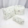 Quilted floral cosmetic bag set, large capacity portable makeup organizer pouch for travel. - Three-Piece Set / Gourd Flower Print Cosmetic Bag Set