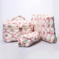 Quilted floral makeup bag set, portable travel cosmetic storage pouch with cute ribbon design. - Large Medium Small / Red Butterfly Love