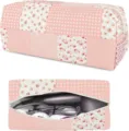 Detailed view of pink quilted patchwork storage pouch interior with hair dryer and cord space. - Red Grid Floral Curling Wand Storage Bag