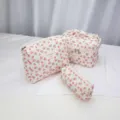 Quilted floral cosmetic bag set, cute padded travel makeup pouch, large capacity storage bag. - Cherry Blossom Quilted Cosmetic Storage Bag 3-Piece Set