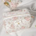 Quilted lace floral cosmetic bag with cute bow, portable large capacity makeup storage pouch. - Quilted Lace Cosmetic Bag + Large White Pearl Bow