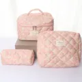 Pink quilted floral cosmetic bag set, cute padded travel makeup pouch with handle. - Pink Floral Quilted Cosmetic Storage Bag 3-Piece Set