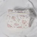 Quilted floral cosmetic bag with lace trim, portable zipper makeup storage pouch for women. - Quilted Lace Cosmetic Bag + Double White Pearl Bow