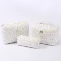 Quilted floral cosmetic bag set, sweet portable makeup pouch and large capacity storage organizer. - Three-Piece Set / Cherry Floral