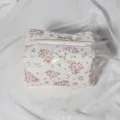 Quilted floral cosmetic pouch detail, vintage lace trim and sweet pearl bow design. - Quilted Lace Cosmetic Bag + Small White Pearl Bow