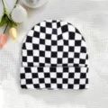 Black white checkered knit beanie winter warm fashion streetwear hat casual skull cap for men women - One Size / Black and White