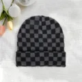 Black grey checkerboard knit beanie for winter warm outdoor street fashion cold hat - One Size / Black and Gray