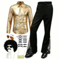 Men disco costume set 70s vintage shiny gold shirt flared pants party stage outfit - S / Set / Gold