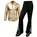 Shiny gold long sleeve shirt and black sequin flared pants detail for disco party stage. - S / Top And Bottom / Gold