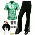 costume disco retro homme annees 70 chemise metallique verte pantalon patte d'eph - S / Ensemble / Vert