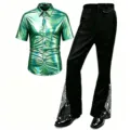 Tenue de performance disco rétro pour hommes, chemise verte métallique et pantalon patte d'eph. - S / Haut Et Bas / Vert