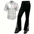 Ensemble de costume de disco pour hommes chemise manches courtes argent et pantalon - S / Haut Et Bas / Blanc Iridescent